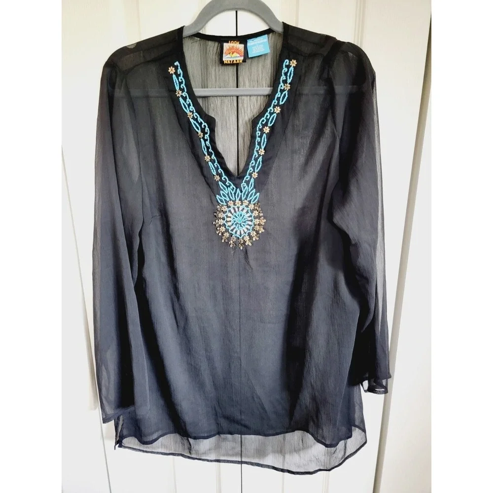 Look Nazaar‎ L Black Sheer Beaded Kaftan Tunic Swimsuit Cover Up Top Large